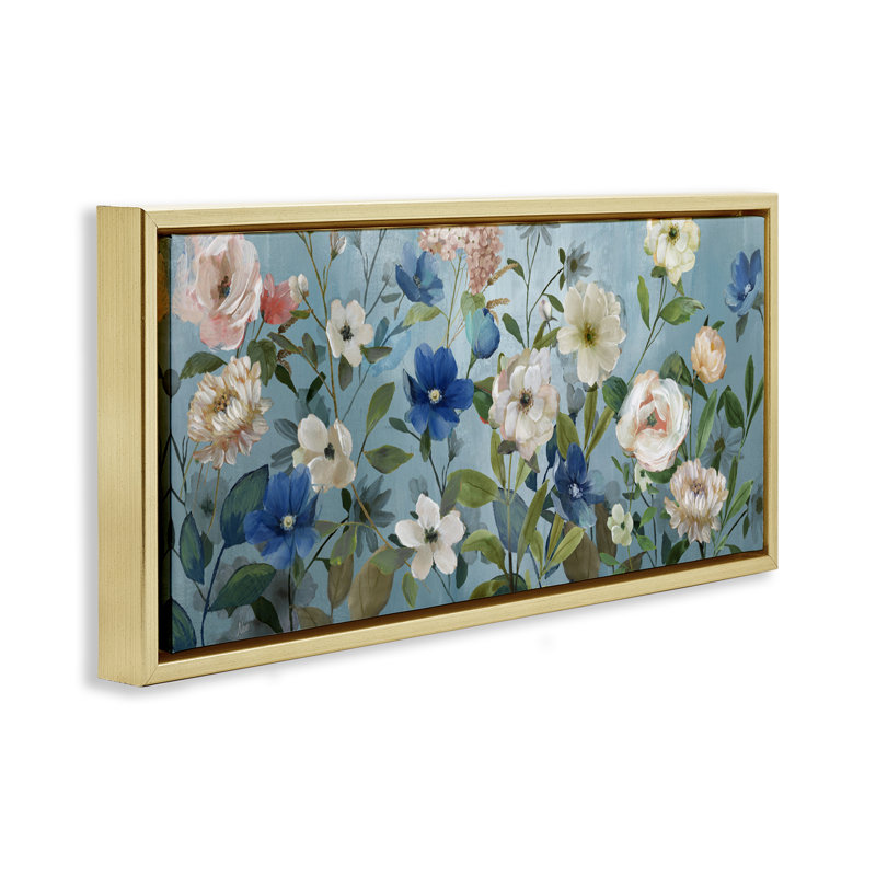 Fleurs de jardin mixtes sur fond bleu, Cadre flottant gris lustré, H 14 po x l 31 po