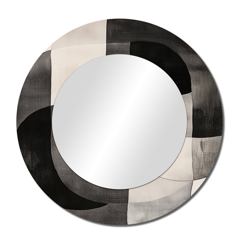 Motif géométrique noir et blanc minimalistes - miroir mural rond moderne, impression métallique, 36" x 36"
