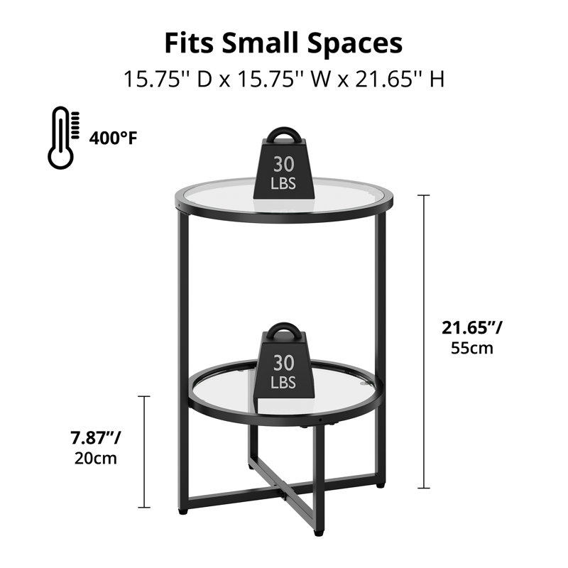 End Tables Set of 2 for Living Room, Round Tempered Glass Side Tables with 2-Tier Storage Shelf, Modern Metal End Table for Couch, Bedroom, Apartment, Black
