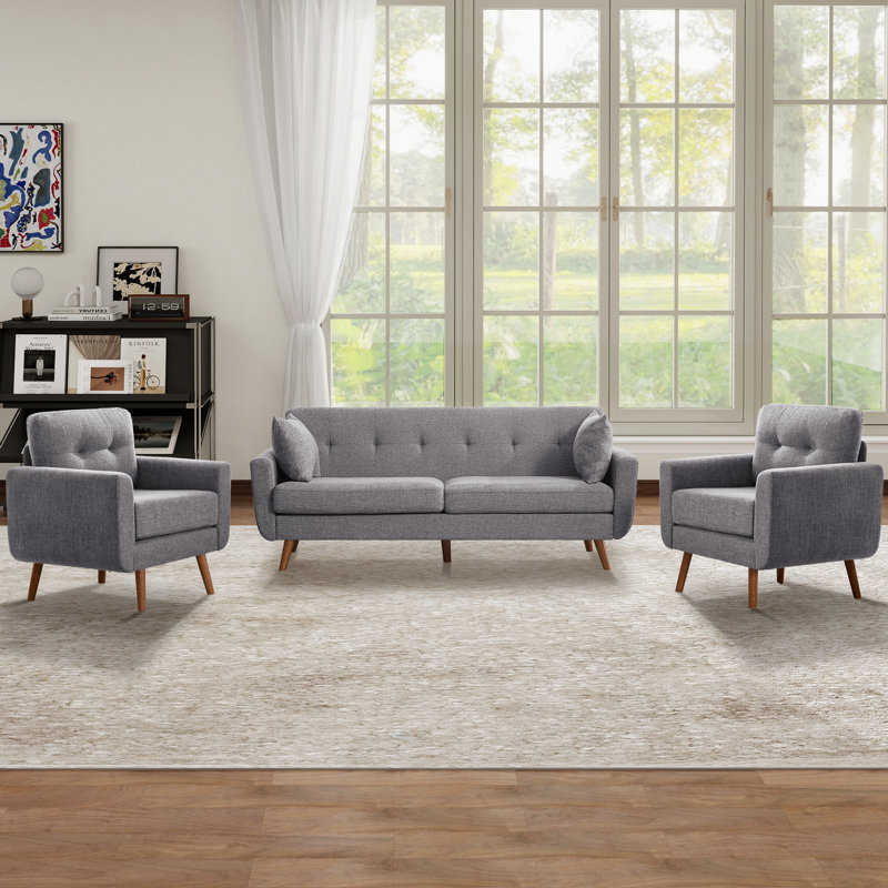 Ensemble de salon rembourré capitonné 78 po avec 2 fauteuils, Gris