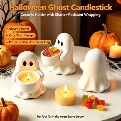 Halloween Spooky‑Cute Ghost Ceramic Tealight Holder, Single‑Piece Tabletop Candle Ornament, Farmhouse Home Decor for Living Room, Mantel & Dining Table, Ideal Gift for Halloween, Thanksgiving, Christmas and Birthday Celebrations (Tealight Candles Not Inc