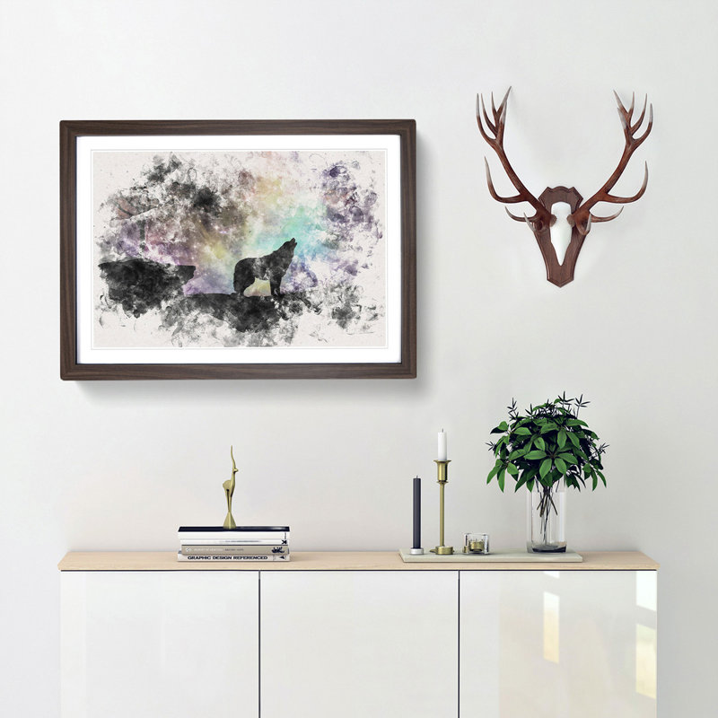 Howling Wolf with a Galaxy Forest - Picture Frame Painting Print, Walnut Framed, 40cm H x 60cm W x 2cm D