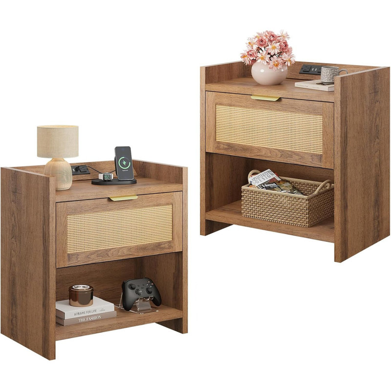 Rattan Nightstands Set Of 2, Night Stand Sets With Charging Station, Boho Bed Side Table With Storage Drawer And Open Shelf, End Tables Bedroom