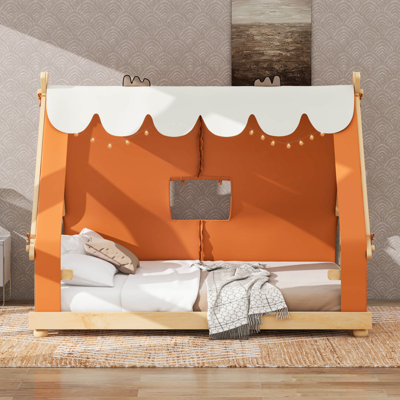 Lit de maison avec tente et éclairage, Double, Brun