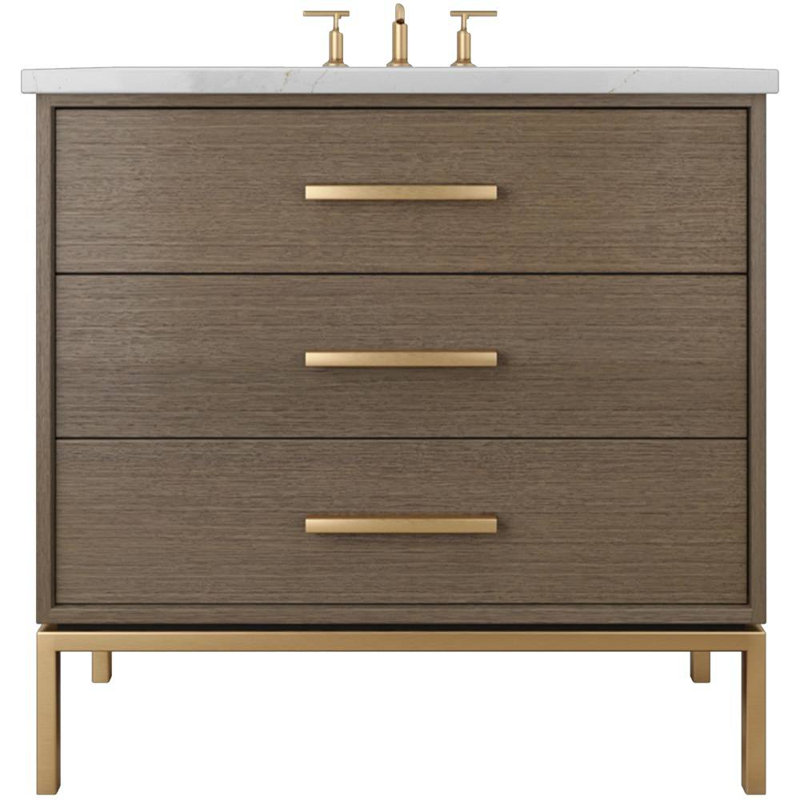 Rift White Oak Three-Drawer Single Bath Vanity, 36", Smoked Modern, Satin Gold