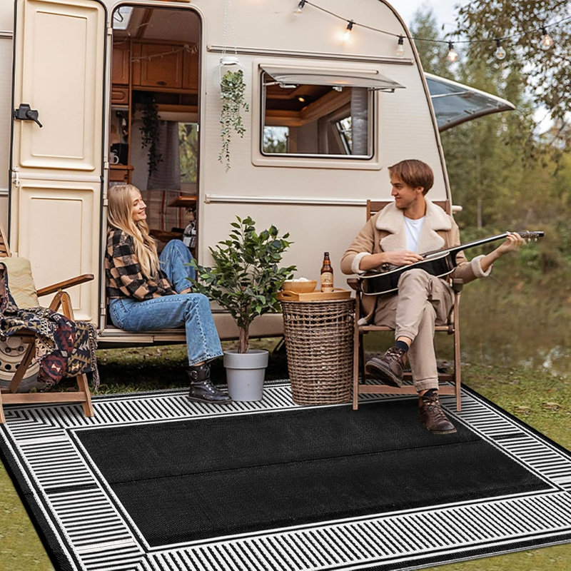 Outdoor Rug Waterproof Patio Rug Reversible Plastic Straw Rugs Camping Mat Modern Geometric Portable Foldable Large Rugs for RV Porch Balcony Picnic Beach Backyard