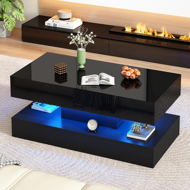 Table basse de 39,4 po moderne à DEL ultrabrillante avec 2 tiroirs de rangement, lumière centrale RVB de contrôle APP, imperméable et résistante aux égratignures