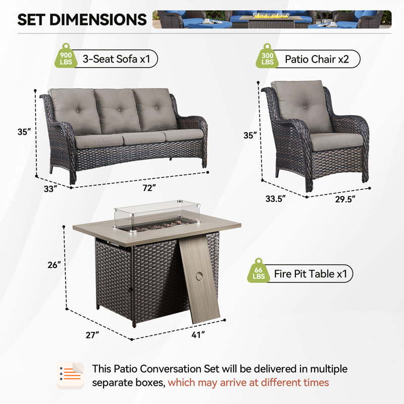 Carolina 5 - Person Sofa Seating Group With Fire Pit And Cushions, Gray/Brown