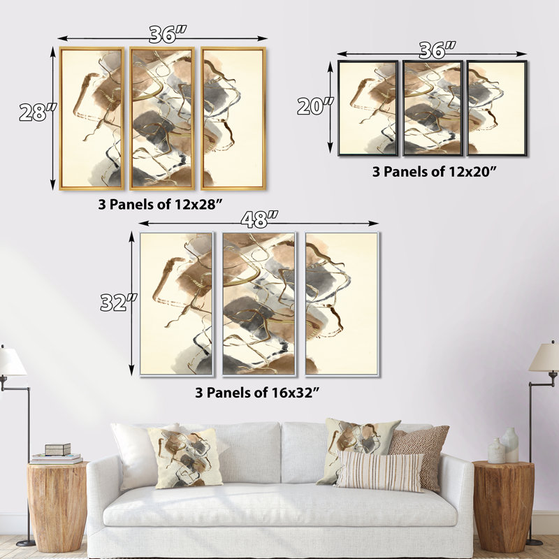 Gold Glam Squares III - ensemble d'art moderne sur toile encadrée moderne et contemporaine de 3, H 20 po x l 36 po x P 1 po