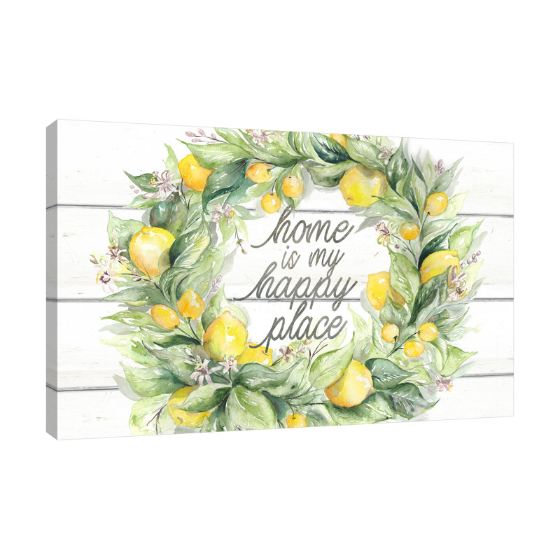 Farmhouse Lemon Wreath: Home Is My Happy Place - impression sur toile tendue, H 20 po x l 30 po x P 1,5 po