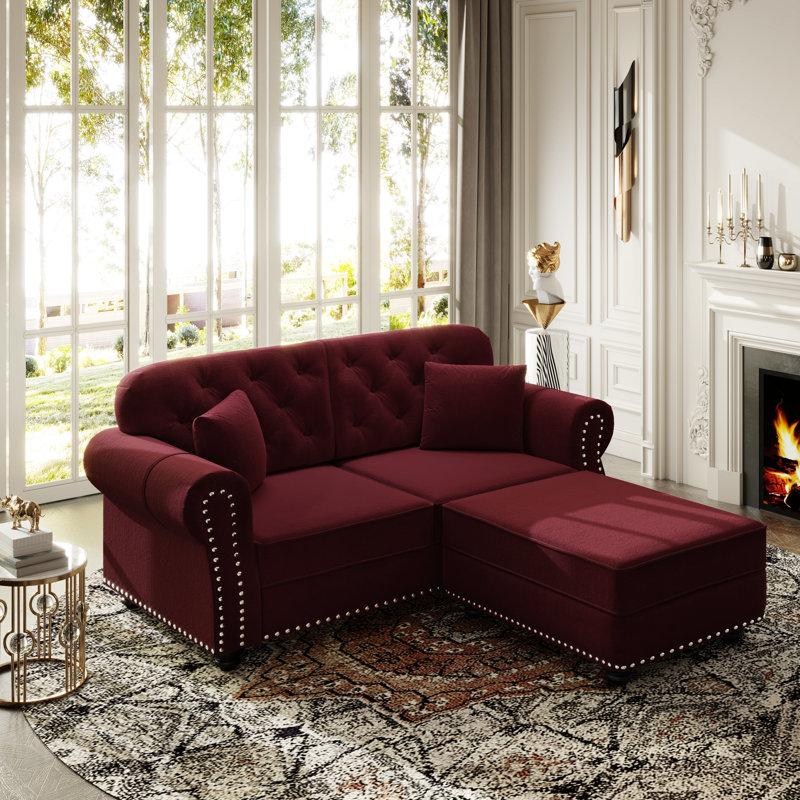 Velours de 63 po de style bourgogne 63 po avec garniture cloutée, roulé et à boutons, 2 places, moderne Mid-Century, construction, éponge résiliente haute densité, oreillers inclus