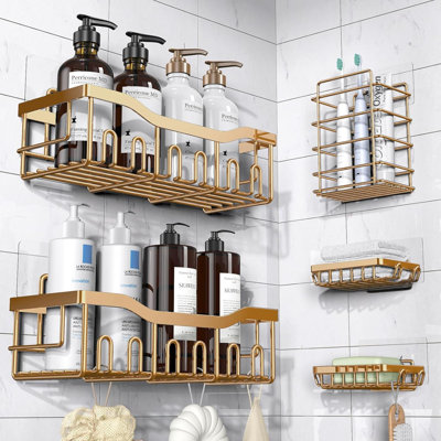 Ensemble de 5 boîtes de douche, organisateur de douche adhésif pour rangement dans la salle de bain, décoration intérieure et cuisine, sans perçage, grande capacité, organisateur de salle de bain en acier inoxydable antirouille, tablettes de douche 