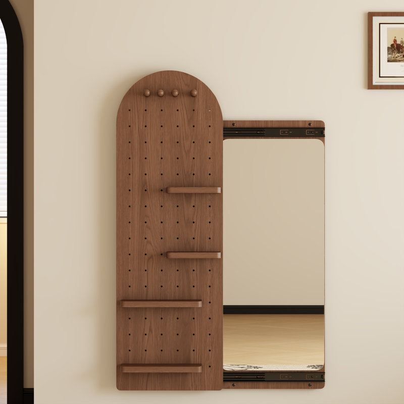 Organisateur de panneau perforé à miroir en bois massif avec tablettes et crochets muraux