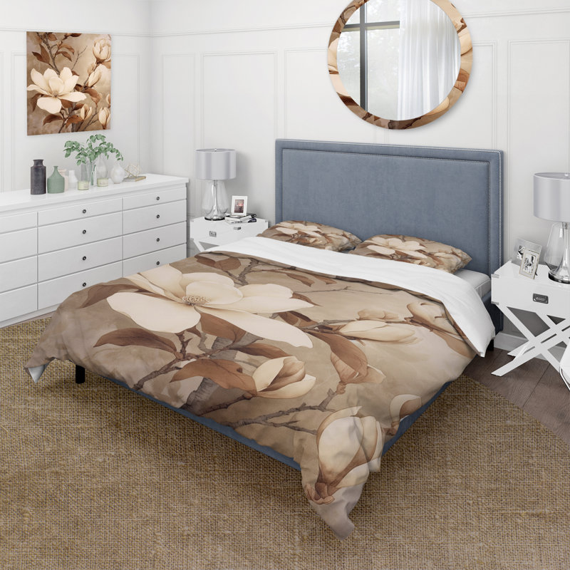 Blanc blanc brun Magnolias Nature Serenity - ensemble de housse de couette floral - microfibre de polyester