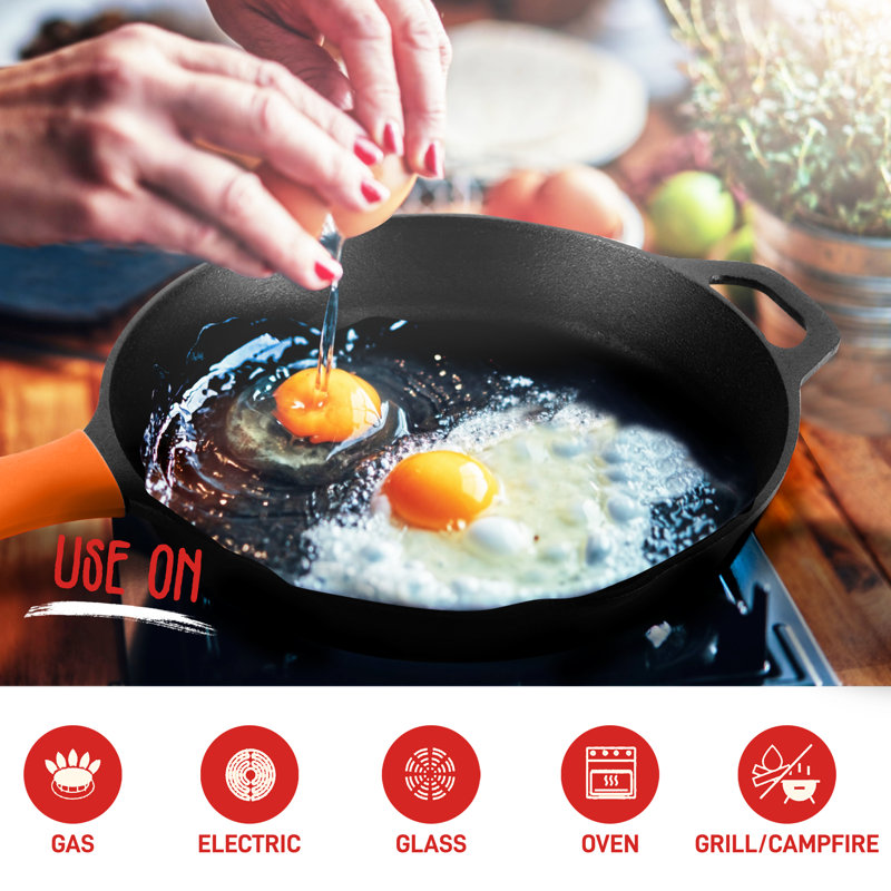 NutriChef 10" & 12" Pre-Seasoned Cast Iron Skillet Set with Silicone Handles