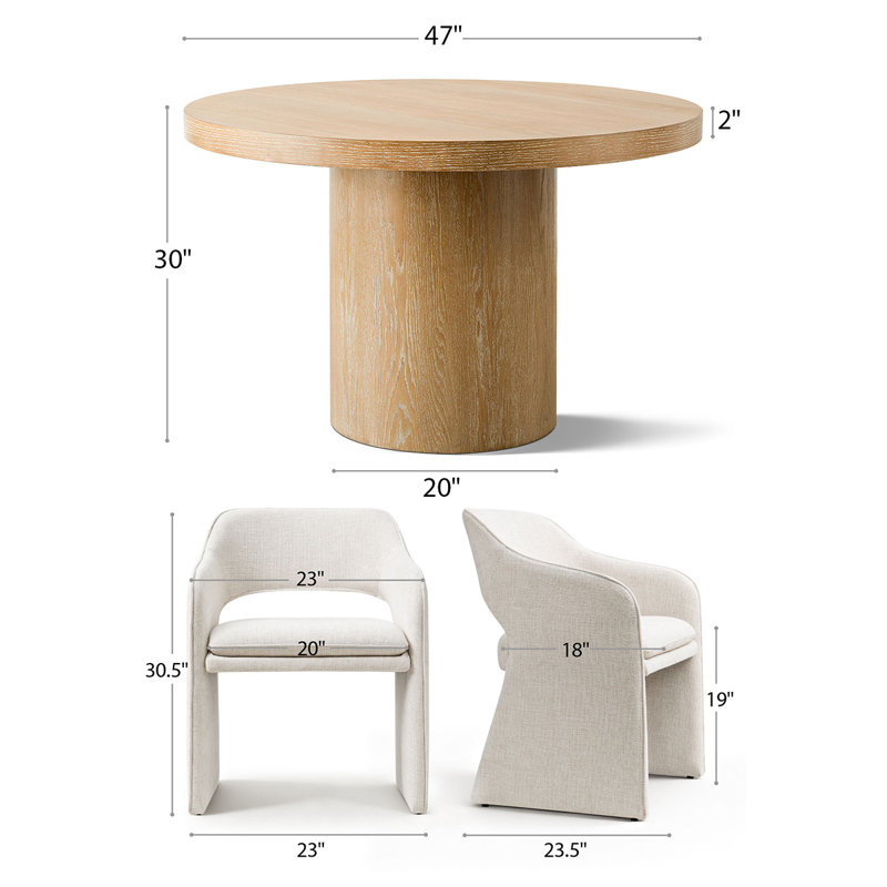 4 - Person Dining Table Sets With Solid Wood Round Table & 4 Upholstered Fabric Chairs, Beige, Natural