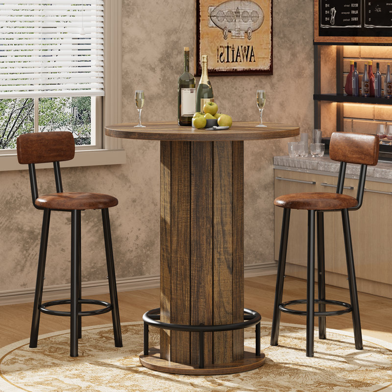 Table bistro ronde à hauteur de comptoir équipée d'un repose-pieds circulaire, table de cocktail multi-scène pour les espaces de vie et de salle à manger compacts, brun (table seulement)
