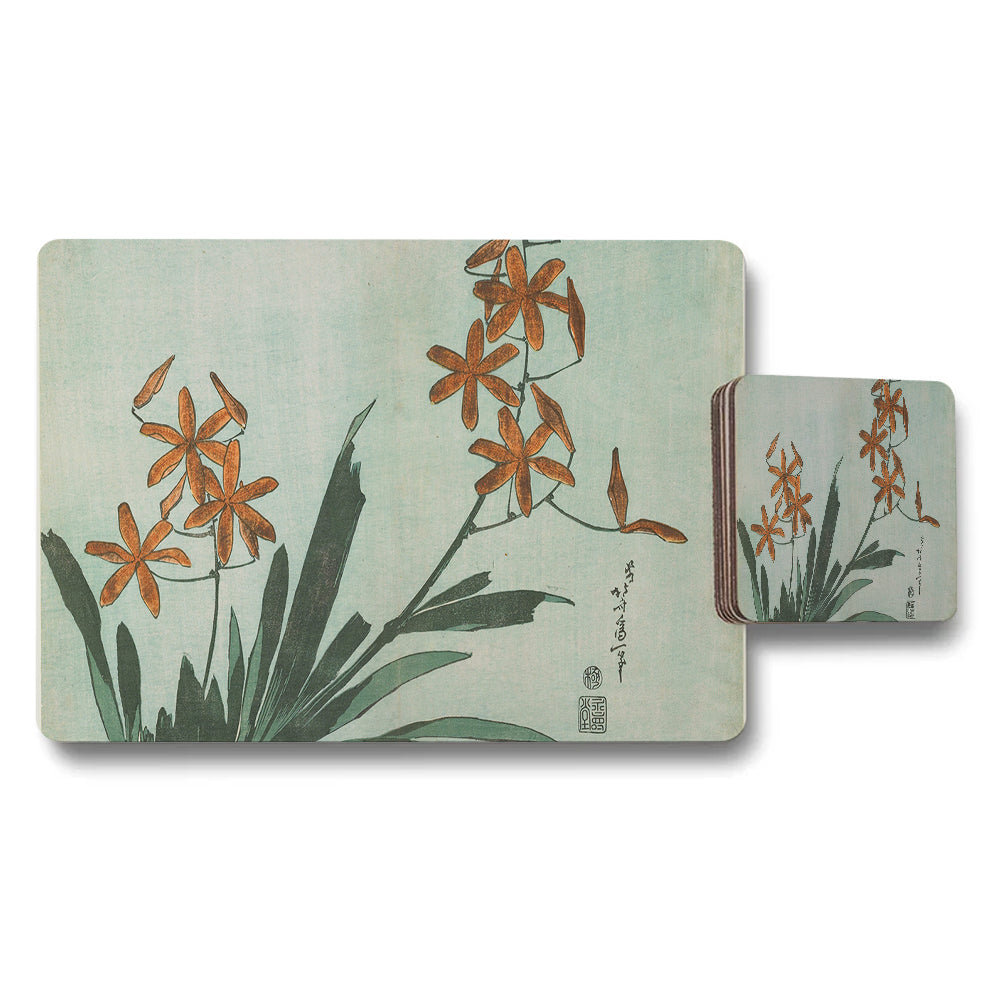 Orange Floral Placemats And Coaster Set With Botanical Art