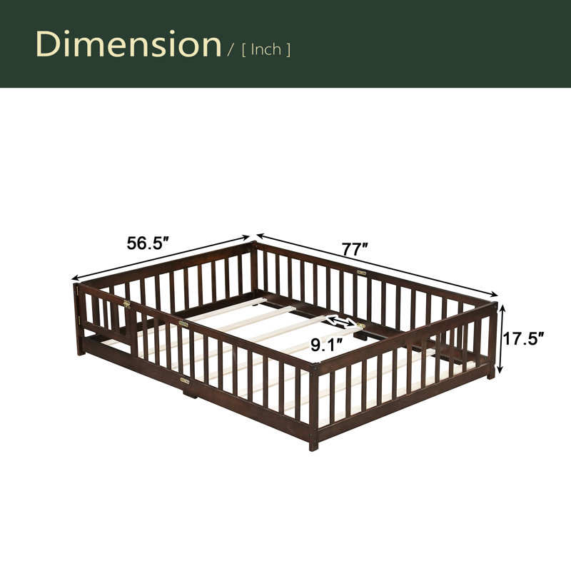 Lit de plancher avec clôture et porte, lit de plancher en bois d'hévéa avec garde-corps de sécurité, Lit double, Espresso
