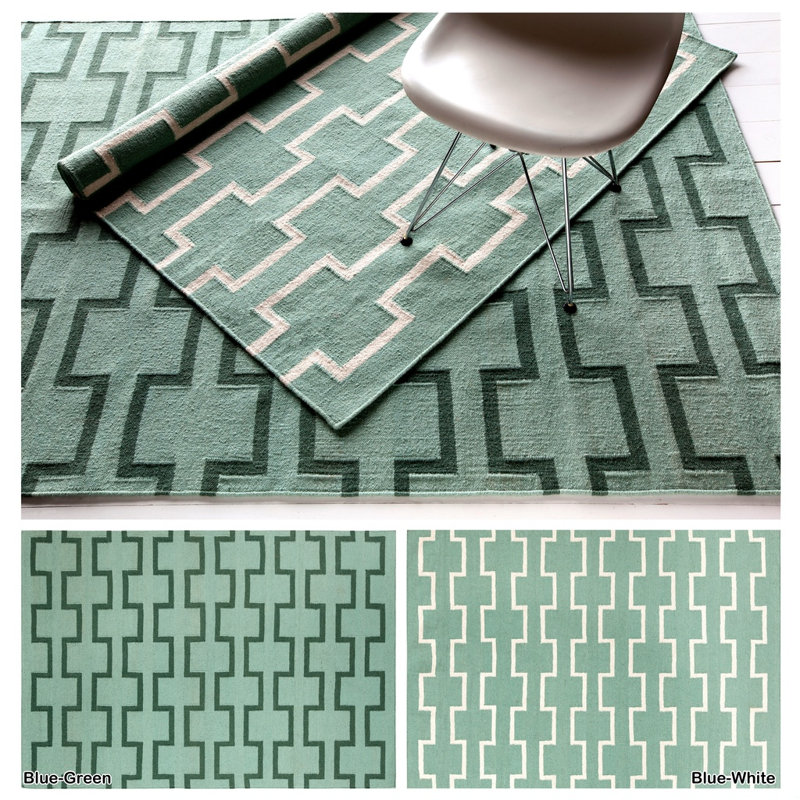 Tapis d'intérieur réversible en laine tissé à plat à la main vert menthe Clavelle, Rectangulaire 3 pi x 5 pi