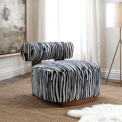 1Pc Accent Chair Cylindrical Backrest High Density Foam Zebra Strip Fabric Upholstered Midnight For Outdoor Patios Blue Finish Primary Living Room