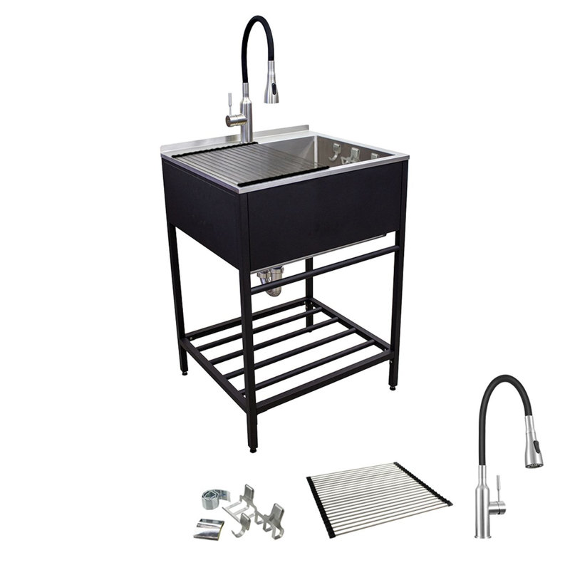 Transolid 18 Gal Matte Black Freestanding Laundry Sink with Cabinet and Faucet