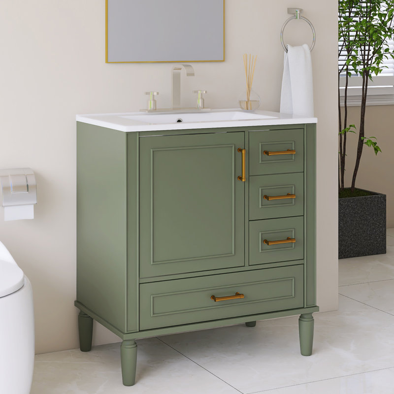Meuble-lavabo autoportant simple avec plateau en céramique intégré blanc, Vert olive