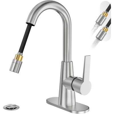 Grands robinets de salle de bain hauts avec douchette rétractable, robinet à poignée simple à grande arche en nickel brossé, robinet de buanderie à évier utilitaire à 1 ou 3 trous avec plaque de pont