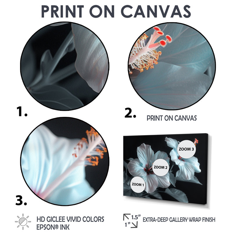 Hibiscus blanc et rose transparent - art mural hibiscus, Cadre flottant blanc, H 28 po x l 60 po