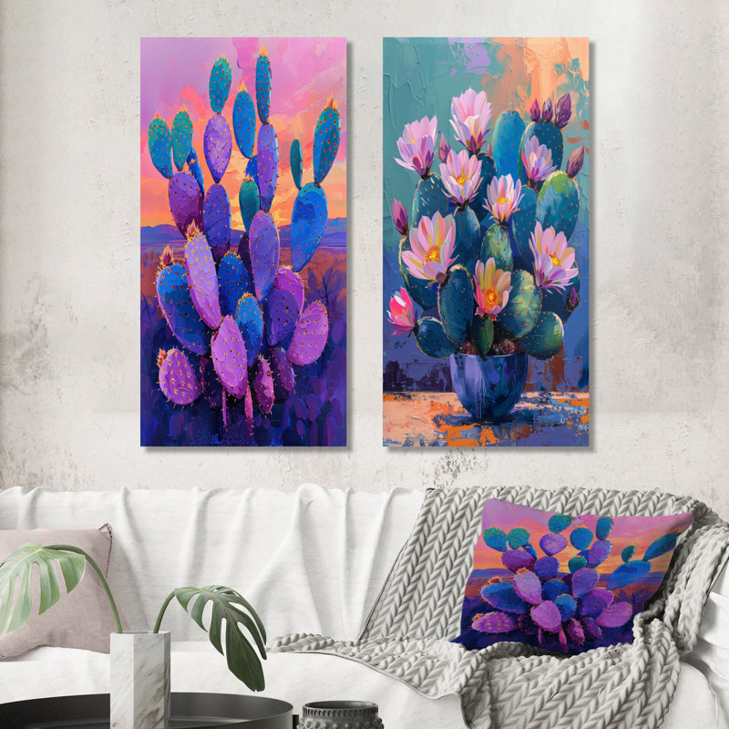 Cactus mauve et bleu, coucher de soleil Vibes I - ensemble de 2 pièces de cactus floral, Ne s’applique pas, H 28 po x l 24 po