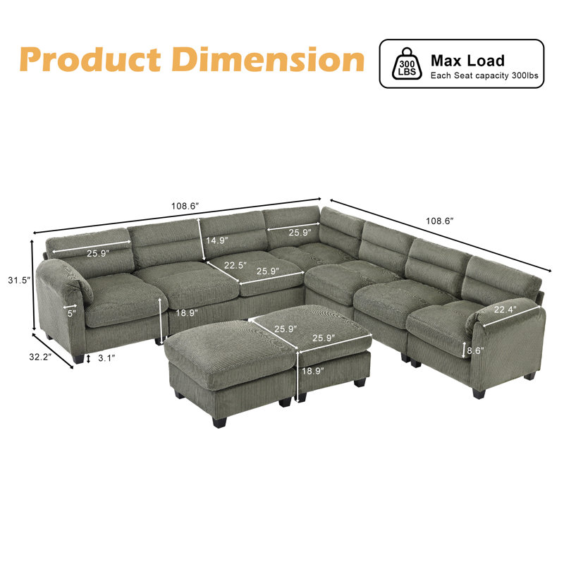 Canapé modulaire rembourré Dona Corduroy, H 31,5 po x l 114,9 po x P 114,9 po