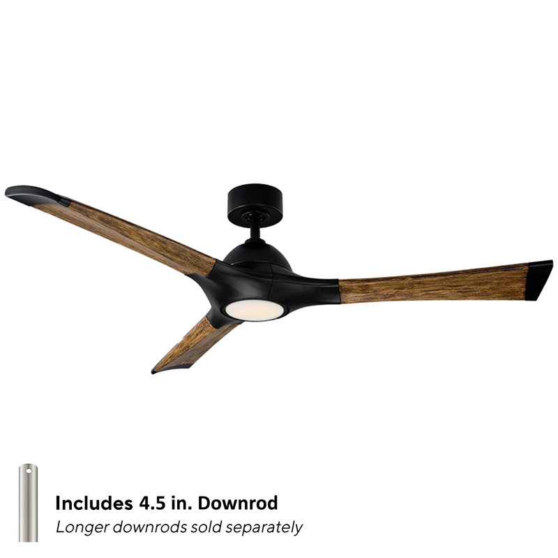 72" Woody 3 - Blade Outdoor Smart Propeller Ceiling Fan with Light Kit Included, 3000K, 60", Matte Black/Distressed Koa