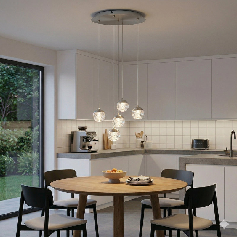 Luminaire suspendu en forme de globe à DEL 5 lumières avec accents de cristal Heatherly, Nickel