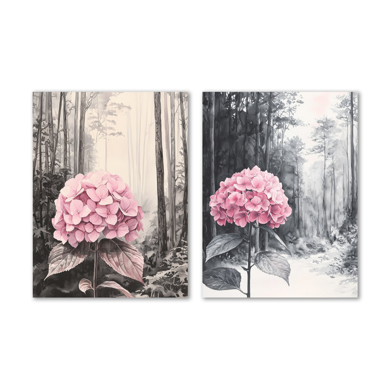 Hortensias dans la forêt monochrome I - ensemble de 2 reproductions d'art en métal botaniques roses, 32" H x 48" W
