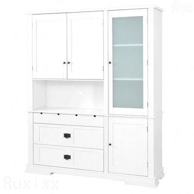 63.3x17.8x78.3inch Traditional Freestanding Buffet with Hutch - Large Kitchen Pantry, Drawers, Door Shelf, Adjustable Shelves, White
