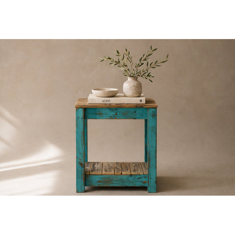 Avery 22'' Solid Wood End Table with Shelf – Handmade Reclaimed Wood Accent Table, Turquoise Combo, Turquoise