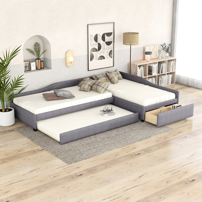 Twin Size Daybed With Trundle And Drawer, Gray - Upholstered Softness, Plywood For Relaxing Moments & Drawer Stability, Enhances Home Ambiance