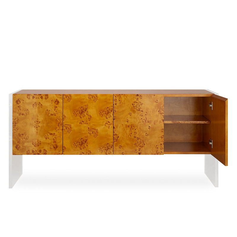 Burled Mappa Wood Credenza with Clear Acrylic Legs and Polished Hardware