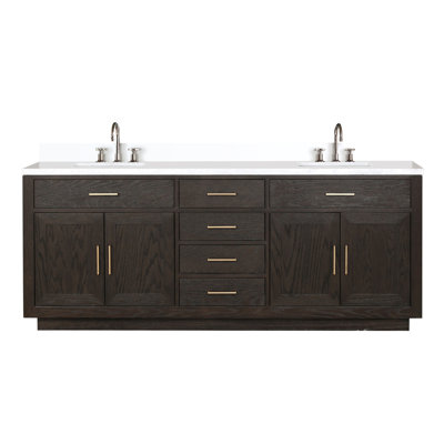 Meuble-lavabo double 84 po x P 22 po en chêne brun avec comptoir et robinet en marbre