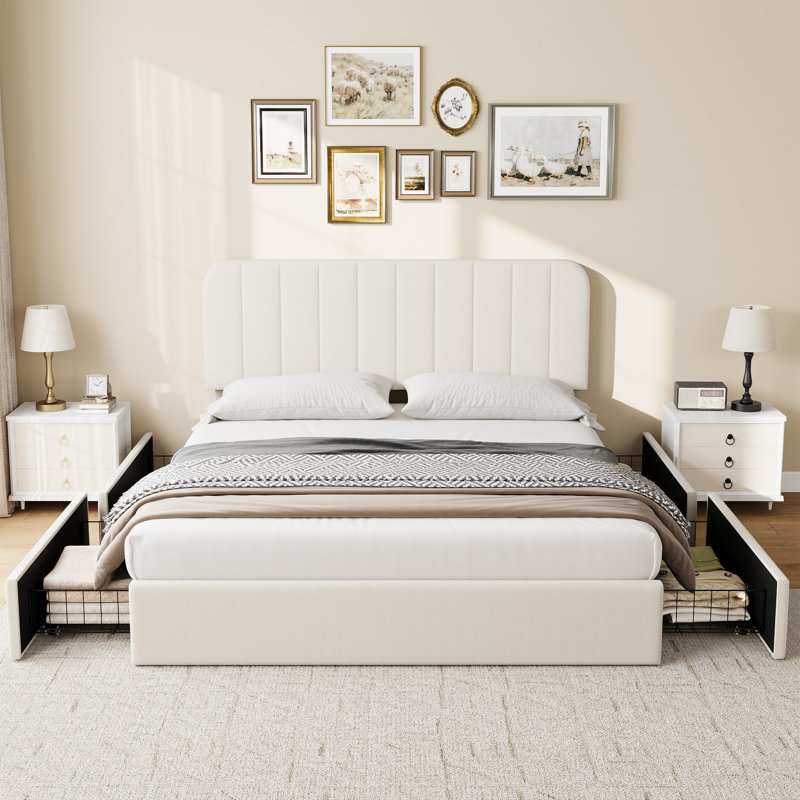 Grand lit avec rangement en velours à 4 tiroirs, structure de lit tapissier capitonnée à lignes verticales blanches, aucun sommier tapissier requis, tête de lit réglable moderne, L 82,5 po x l 62,2 po x H 40,9 po