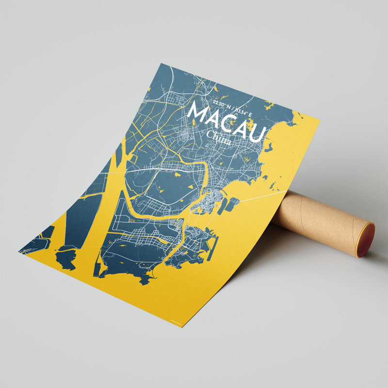 Macau, carte de la ville, impression, Bleu / Jaune, H 20 po x l 16 po