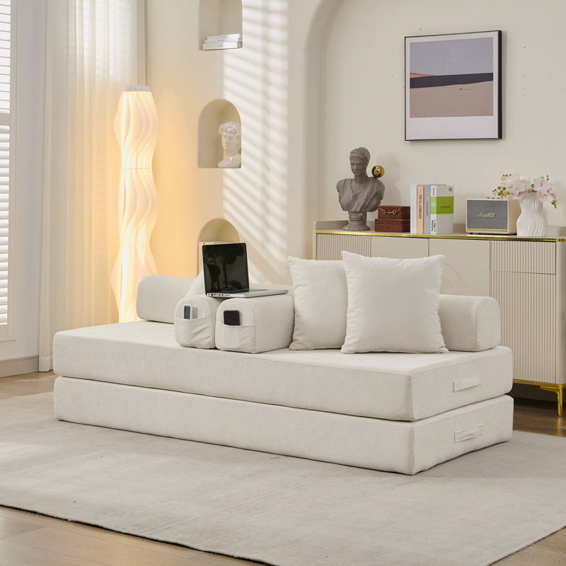 Beige Chenille Convertible Floor Sofa Bed – Folding Mattress Couch with Armrests (For Living Room/Bedroom/Studio), Beige