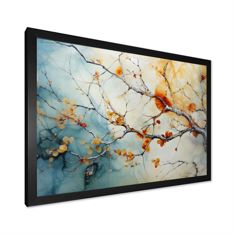 Orange, bleu sarcelle, érable brillant, agate I - arbre érable, art mural, Cadre simple noir, H 12 po x l 20 po x P 1 po