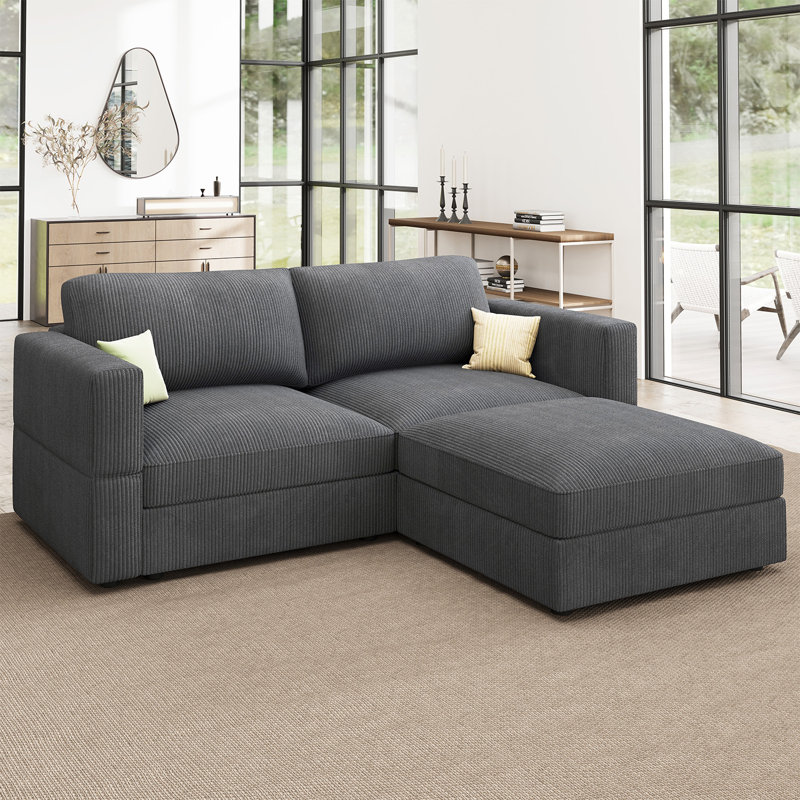 Bouley 82.6'' W L-Shaped Corduroy Modular Sectional, Gray Corduroy