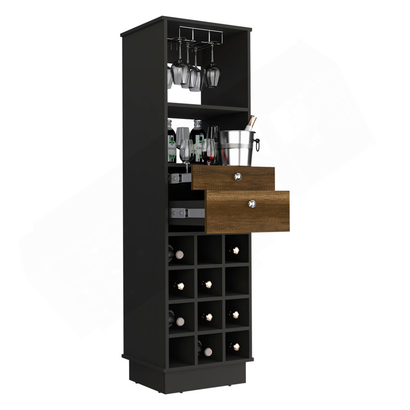 Armoire de bar classique, deux tiroirs, douze porte-bouteilles encastrés - noir / noyer