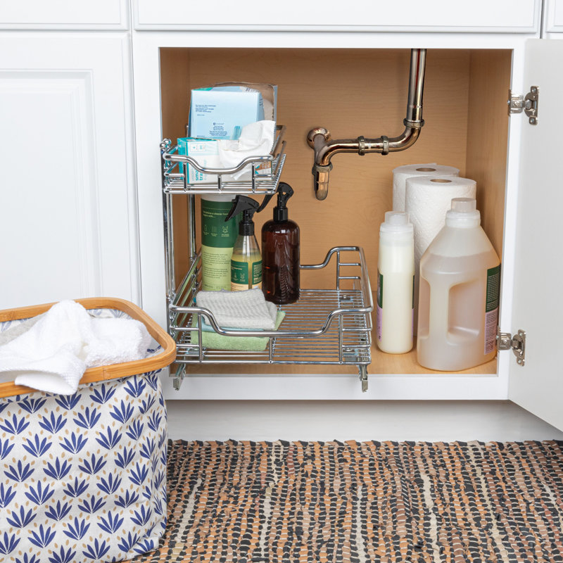 Elizandra Glidez Powder-Coated Steel Pull-Out/Slide-Out Storage Organizer with Plastic Liners for Under Sink or Under Cabinet Use - 2-Tier Design - Fits Standard Size Cabinet or Shelf