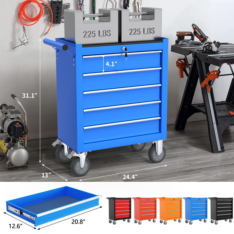 Heavy-duty Tool Cart & Worktable With 5 Drawers, Locking Casters, And Non-slip Mat, Blue