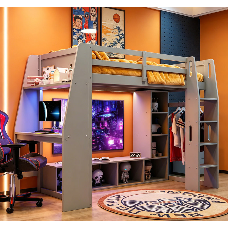 Lit mezzanine simple en bois avec bureau, tablettes multi-rangements, éclairage à DEL et portemanteau suspendu, gris
