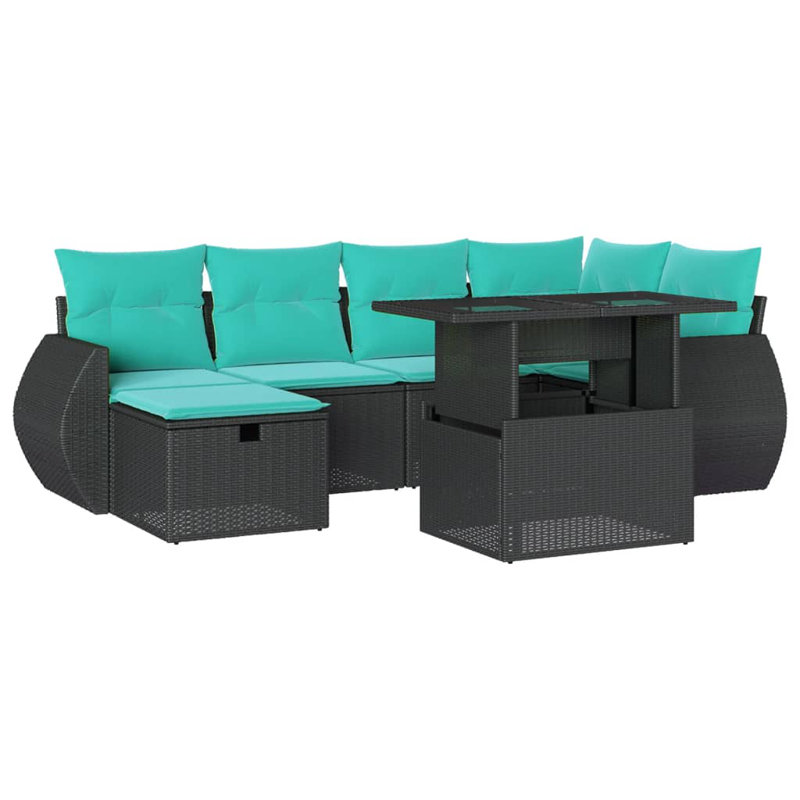  7 Piece Patio Sofa Set With Cushions Poly Rattan, Black, Green