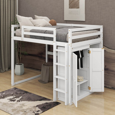 Lit mezzanine double avec garde-robe, tablettes et éclairage à DEL